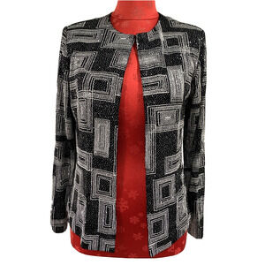 Xscape Cocktail Jacket cropped crew black stretch silver metallic details size S